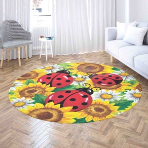 Spring Sunflowers Round Rug, Nature Ladybugs Carpet, Floral Home Decor, Kids Room Playmat, Round Door Mat, Circle Living Room Area Mat