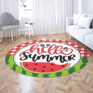 Hello Summer Round Rug, Watermelon Fruit Carpet, Welcome Summer Home Decor, Kids Room Playmat, Living Room Area Mat, Summer Lover Gift