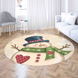 Christmas Snowman Carpet Rug, Winter Snow Mat, Xmas Home Decor Nursery Kids Room Mat, Round Bath Mat, Circle Kitchen Floor Area Mat