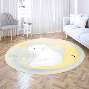 Baby Eisbär Mond Stern Teppich, rund, Personalisierter Name Kinderzimmer Teppich, Wohnkultur Kinderzimmer Matte, Badezimmer Wohnzimmer Kreis Bodenmatte