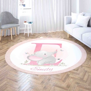 Alphabet E Runder Teppich, Name Kinderzimmer Matte, Baby Elefant Teppich, Babyzimmer Dekor, Baby-Dusche-Geschenk, Geschenk für Neugeborene, Kindergeburtstag Mat