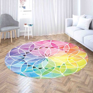 Rainbow Flower of Life Round Rug, Sacred Geometry Carpet, Spiritual Home Decor Area Mat, Round Living Room Mat, Circle Kitchen Floor Mat