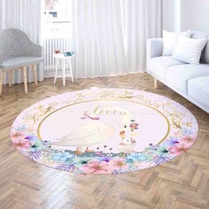 Mama und Baby Gans Rund Teppich, Name Kinderzimmer Teppich, Tier Ente Baby Shower Party Dekor, Kinderzimmer Kreis Spielmatte, Geschenk für Neugeborene