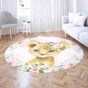 Baby Löwe Runder Teppich, Safari Tiere Kinderzimmer Teppich, Rosa Blumen Babyzimmer Dekor, Rose Babypartygeschenk, Wild Jungle Kinderzimmer Spielmatte