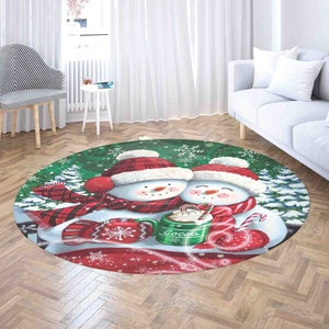Winter Snowman Couple Carpet Rug, Christmas Snow Mat, Xmas Home Decor Nursery Kids Room Mat, Round Bath Mat, Circle Kitchen Floor Area Mat