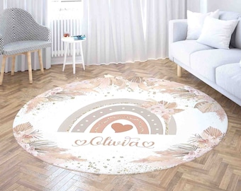 Boho Rainbow Round Rug, Floral Nursery Decor, Personalized Play Mat