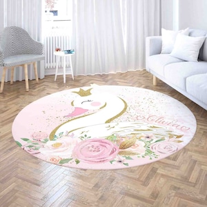 Queen Swan Round Rug, Spring Floral Swan Carpet, Baby Girl Nursery Home Decor, Wild Animals Kids Room Circle Playmat, Gift for Newborn