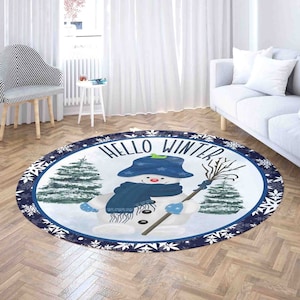Hello Winter Snow Carpet Rug, Woodland Snowman Mat, Christmas Home Decor Nursery Kids Room Mat, Round Bath Mat, Circle Kitchen Floor Mat
