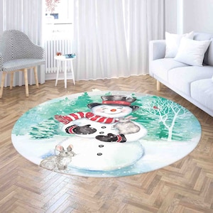 Christmas Snowman Bunny Carpet Rug, Winter Snow Mat, Xmas Home Decor Nursery Kids Room Mat, Round Bath Mat, Circle Kitchen Floor Area Mat