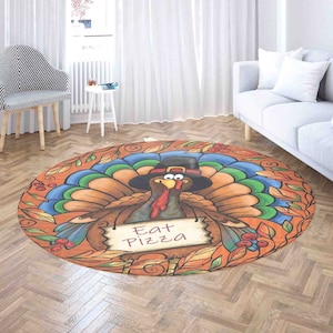 Turkey Eat Pizza Round Rug, Thanksgiving Housewarming Gift, Autumn Home Decor, Animal Nursery Kids Room Playmat, Circle Kitchen Floor Mat