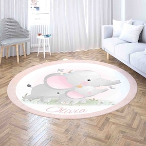 Mama und Baby Elefant Rund Teppich, Name Kinderzimmer Teppich, Tier Baby Shower Party Dekor, Kinderzimmer Kreis Spielmatte, Geschenk für Neugeborene