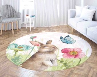 Bunny Butterfly Round Rug, Year of Rabbit Carpet, Spring Floral Home Decor, Baby Bunny Nursery Rug, Kids Room PlayMat, Living Room Area Mat