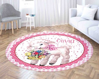 Tappeto rotondo vintage con agnello, tappeto floreale con pecore, decorazione per la camera delle ragazze
