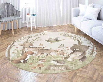 Tapis pour chambre d'enfant, animaux de la forêt, tapis d'animaux de la forêt, nom personnalisé, tapis rond, décoration pour chambre de bébé, tapis de salle de jeux pour enfants, cadeau de baby shower, retour à l'école