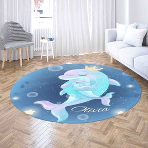 Mom and Baby Dolphin Round Rug, Custom Name Nursery Carpet, Star Night Sky Home Decor, Kids Room Playmat, Safari Animal Party Decor