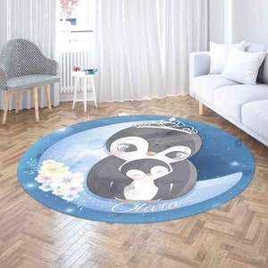 Mom and Baby Penguin Round Rug, Custom Name Nursery Carpet, Moon Night Sky Home Decor, Kids Room Playmat, Safari Animal Party Decor