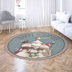 Happy Holidays Round Rug, Snowman Family Carpet, Merry Christmas Home Decor, Nursery Kids Room Mat, Round Bath Mat, Circle Kitchen Floor Mat