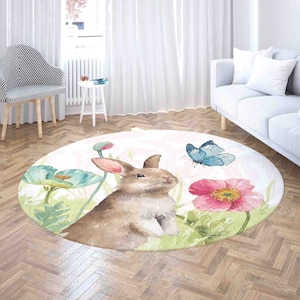 Hübscher Teppich mit Hasenschmetterling, runder Teppich im Jahr des Kaninchens, 100 x 120 cm, Teppich für Wohnzimmer, Kinderzimmer, Krabbeldecke