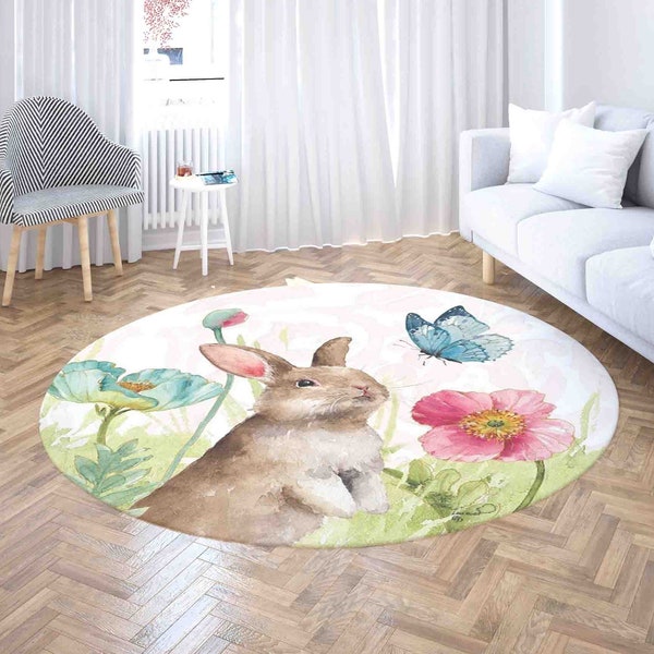 Bunny Butterfly Round Rug, Year of Rabbit Carpet, Spring Floral Home Decor, Baby Bunny Nursery Rug, Kids Room PlayMat, Living Room Area Mat