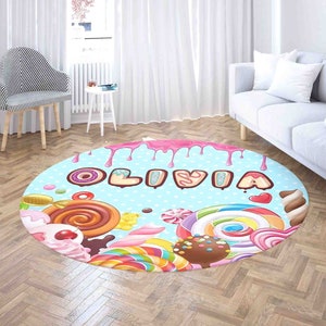 Rond vloerkleed chocolade snoep, aangepaste naam verjaardagscadeau, babykamermat zoet snoep, vloerkleed kinderkamerdecoratie, gepersonaliseerd valentijnscadeau