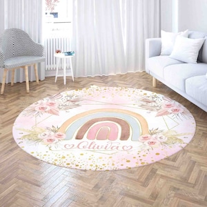 Boho Rainbow Round Rug, Personalized Floral Nursery Carpet, Spring Home Decor, Rainbow Kids Room Mat, Living Room Circle Floor Mat
