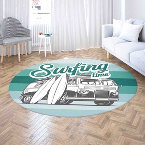 Surfing Time Round Rug, Custom Name Birthday Mat, Surfer Home Decor, Round Bathroom Floor Mat, Living Room Area Mat, Circle Floor Mat