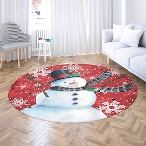 Christmas Snowman Carpet Rug, Winter Snow Mat, Xmas Home Decor Nursery Kids Room Mat, Round Bath Mat, Circle Kitchen Floor Area Mat