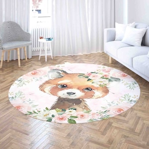 Niedlicher runder Teppich mit roten Pandas, Safaritiere, Kindergartenteppich, Rosen-Babyzimmerdeko, Blumen-Babypartygeschenk, Cottagecore-Kinderzimmer-Spielmatte
