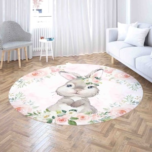 Niedlicher Hasen-Kinderzimmer-Teppich, Runder Teppich mit Bauernhoftieren, Rosa Pfingstrose Babyzimmerdekor, Blumen-Babypartygeschenk, Baby-Kaninchen-Kinderzimmer-Spielmatte