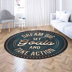 Dream Big Take Action Okrągły dywan, Pozytywne powiedzenie dywan, Motywacja Cytat Wystrój domu, Inspirująca mata do salonu, Okrągła mata podłogowa do biura