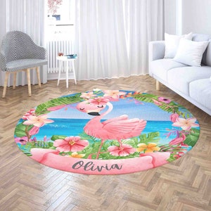 Tropical Flamingo Round Rug, Baby Flamingo Nursery Mat,  Custom Name Birthday Gift, Personalised Birthday Party Decor, Kids Room Playmat