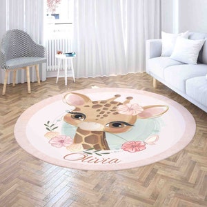 Baby Giraffe runder Teppich, Name Geburtstag Matte Safari Party Home Decor Teppich, Floral Kinderzimmer Bereich Matte, Kreis Kinderzimmer Bodenmatte