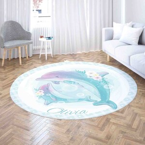 Mama und Baby Delfin Rund Teppich, Kinderzimmer Teppich mit individuellem Namen, Babyparty Dekoration, Kinderzimmer Kreis Krabbeldecke, Geschenk für Neugeborene