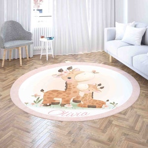 Mama und Baby Giraffe Rund Teppich, Name Kinderzimmer Teppich, Tier Baby Shower Party Decor, Kinderzimmer Kreis Spielmatte, Geschenk für Neugeborene