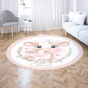 Mama und Baby Kuh Blumenkranz Teppich, personalisierter Namensteppich, Bauernhof Tier Dekor Kinderzimmer Kinderzimmer Matte, Badezimmer Wohnzimmer Kreis Bodenmatte