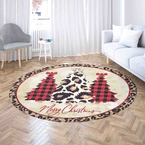 Merry Christmas Round Rug, Leopard Christmas Tree Carpet, Xmas Home Decor, Kids Room PlayMat, Living Room Area Mat, Circle Kitchen Floor Mat