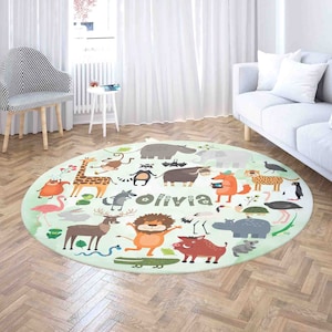 Dschungeltiere Runder Teppich, personalisierte tropisch Dschungel Kinderzimmer Matte, Safari Tiere Teppich, Wildtiere Zimmerdekor, Babypartygeschenk