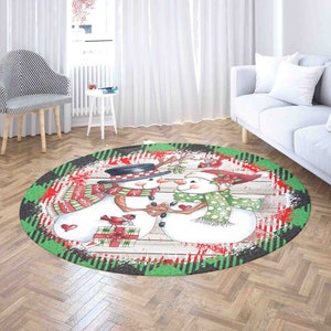 Christmas Snowman Carpet Rug, Winter Couple Snowmen Mat, Xmas Home Decor Nursery Kids Room Mat, Round Bath Mat, Circle Kitchen Floor Mat