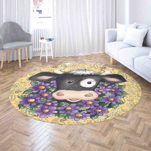 Cow Floral Wreath Round Rug, Farm Animal Living Room Carpet, Spring Flowers Home Decor, Kids Room Playmat, Circle Kitchen Floor Mat