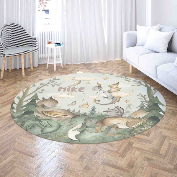 Tapis pour chambre d'enfant petit dragon, tapis bébé dinosaure, nom personnalisé, tapis pour chambre d'enfant, décoration pour chambre de bébé garçon, tapis de salle de jeux pour enfants, cadeau de baby shower, cadeau de rentrée