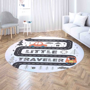Rond tapijt kleine reiziger autoweg, leuke woondecoratie wegenkaart, speelkleed kinderkamer, tapijt stadsplattegrond, rond vloerkleed woonkamer