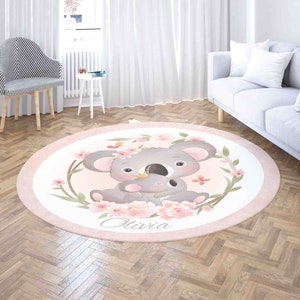 Mama und Baby Koala Blumenkranz Teppich, personalisierter Namensteppich, Safari Decor Kinderzimmer Kinderzimmer Matte, Badezimmer Wohnzimmer Kreis Bodenmatte