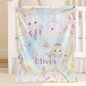 Ocean Animals Baby Blanket Personalized Baby Whale Nursery Blanket Sea Turtle Kids Custom Name Blanket Baby Shower Gift For Girls Toddler