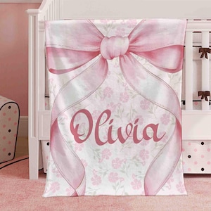 Manta de bebé con lazo rosa, personalizada, coqueta, para guardería de niña, manta para niños pequeños, manta con nombre personalizado, regalo para baby shower para niñas