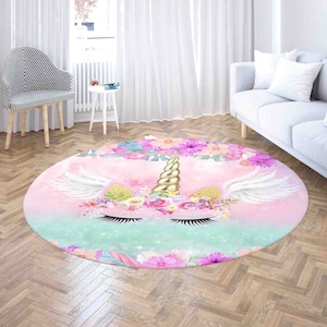 Cute Unicorn Face Round Rug, Unicorn Nursery Carpet, Kids Room Playmat, Birthday Party Decor, Living Room Circle Floor Mat, Baby Shower Gift