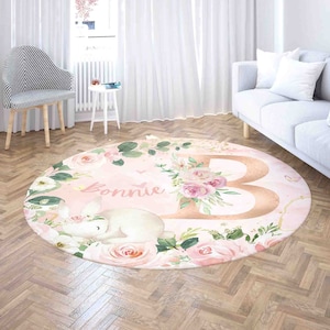Benutzerdefinierte Alphabet Rund Teppich, Blumenbuchstabe Kinderzimmer Matte, Rosenblumen Hase Teppich, personalisierte Babyzimmer Dekor Bereich Matte, Babypartygeschenk