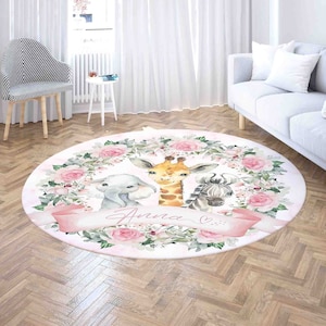 Safari Tiere Teppich, Rose Blumenkranz Teppich, Baby Tier Kindergarten Matte, personalisierter Namensteppich, Babyzimmer Dekor Bereich Matte, Babypartygeschenk