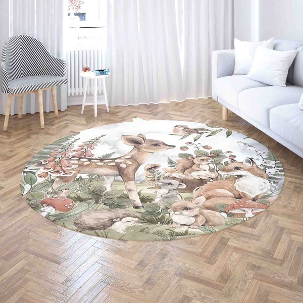 Woodland Deer Rug Forest Animals Nursery Carpet Baby Room Playmat Custom Nursery Mat Kids Playroom Mat Baby Shower Gift Back To School