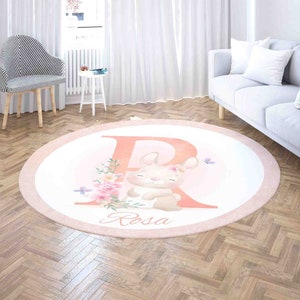 Alphabet R Rund Teppich, Name Kinderzimmer Matte, Baby Kaninchen Teppich, Baby Zimmer Dekor, Baby-Dusche-Geschenk, Geschenk für Neugeborene, Kinder Geburtstag Matte
