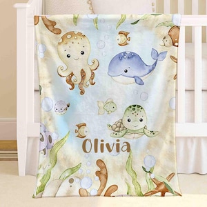 Ocean Animals Baby Blanket Personalized Baby Whale Nursery Blanket Sea Turtle Kids Custom Name Blanket Baby Shower Gift For Boys Toddler